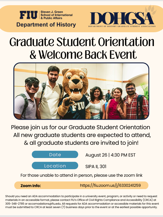 FIU Student Orientation August 26 4:30 pm SIPA 301