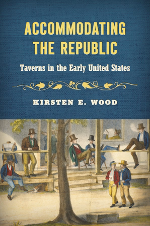 blue rectangle half the page,yellow text the title then swirly, decorating lines with leaves, below author name in yellow , smaller font. the bottom half a picture of bitish americans in the 1800s suits a big tree trunk in the middle. the place is an outside shop seeting, with two kids walking in the walkway and meny men sitting and standing in various parts on shoping area