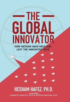 the global innovator book cover. red triangle that covers the right half corner of the page. the red triangles has 17 white triangles. The left side is blue with one white triange very close the lines of the red triangle. 